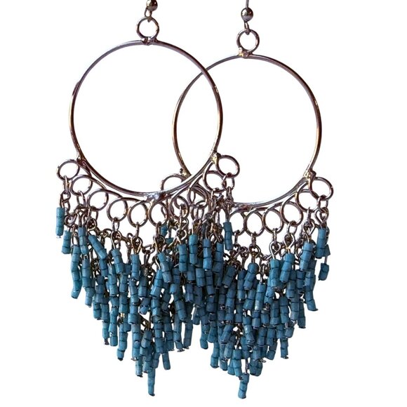 Vintage Chico;s Y2K Silver Hoop Earrings with Turquoise Seed Bead Fringe - Picture 7 of 8